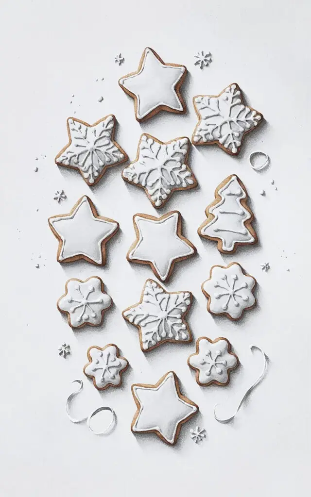 A minimalist pencil drawing illustration of assorted Christmas cookies on a plain white background. The cookies have stars, snowflakes, and tree shapes, and are outlined with steady, smooth lines. They are decorated with simple icing patterns and have gentle shading along the edges for a soft texture and baked look. There are a few crumbs and ribbons scattered nearby, adding realism and charm. The composition is balanced and playful, drawn in a simplistic style that highlights the sweetness and joy of holiday baking traditions.