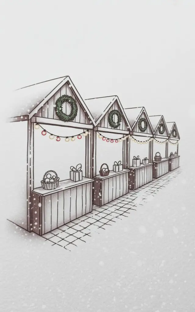 A row of five wooden Christmas market stalls stands aligned, each featuring a peaked roof with a light dusting of snow. Each stall displays a circular evergreen wreath hung above the entrance, along with strings of warm white lights and long strands of red and gold garland draped across the front. Several small gift boxes wrapped in festive paper and woven baskets filled with ornaments are placed on the stalls’ display surfaces. Figures bundled in wool scarves and fur-trimmed hats stroll between the stalls along a cobblestone pathway, partially obscured by falling snowflakes in the soft winter light.