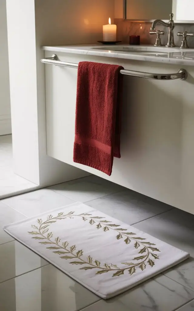 A minimalist Christmas bathroom photographed in soft natural light, showcasing serene holiday elegance through carefully curated details. The focal point is a luxurious white bath mat with delicate holly leaf embroidery in sage green thread, positioned perfectly on gleaming marble or ceramic floor tiles that reflect the ambient light. A rich crimson towel hangs from a polished chrome rail against a crisp white or pale gray wall, while a single ivory pillar candle flickers gently on the marble vanity countertop. The warm candlelight creates subtle reflections across the chrome faucet and mirror, casting a peaceful glow throughout the pristine space that embodies understated Christmas sophistication.