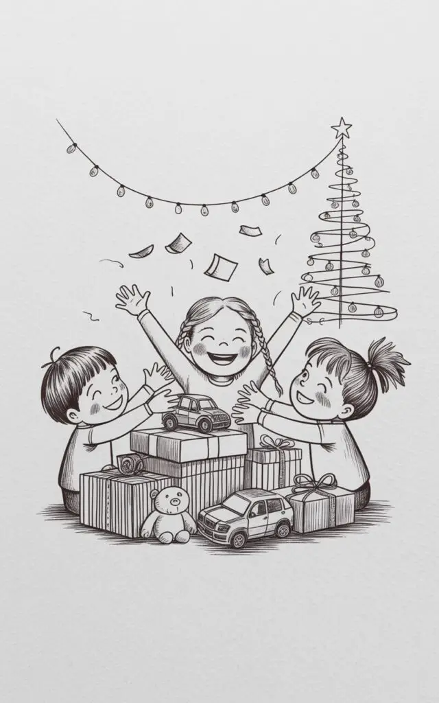 Three children with varying hairstyles—one with short dark hair, one with long blonde braids, and one with a messy brown ponytail—are positioned around a pile of brightly wrapped gifts. Arms are outstretched, hands reaching for wrapping paper as it flutters to the floor, revealing toy cars, stuffed animals, and board games. The children exhibit wide smiles and upward gazes, with rosy cheeks and sparkling eyes reflecting the excitement of the moment. A slender Christmas tree with multi-colored ornaments and a star on top stands in the background, partially obscured by the gifts and children, while a string of lights with small, round bulbs hangs along the wall.