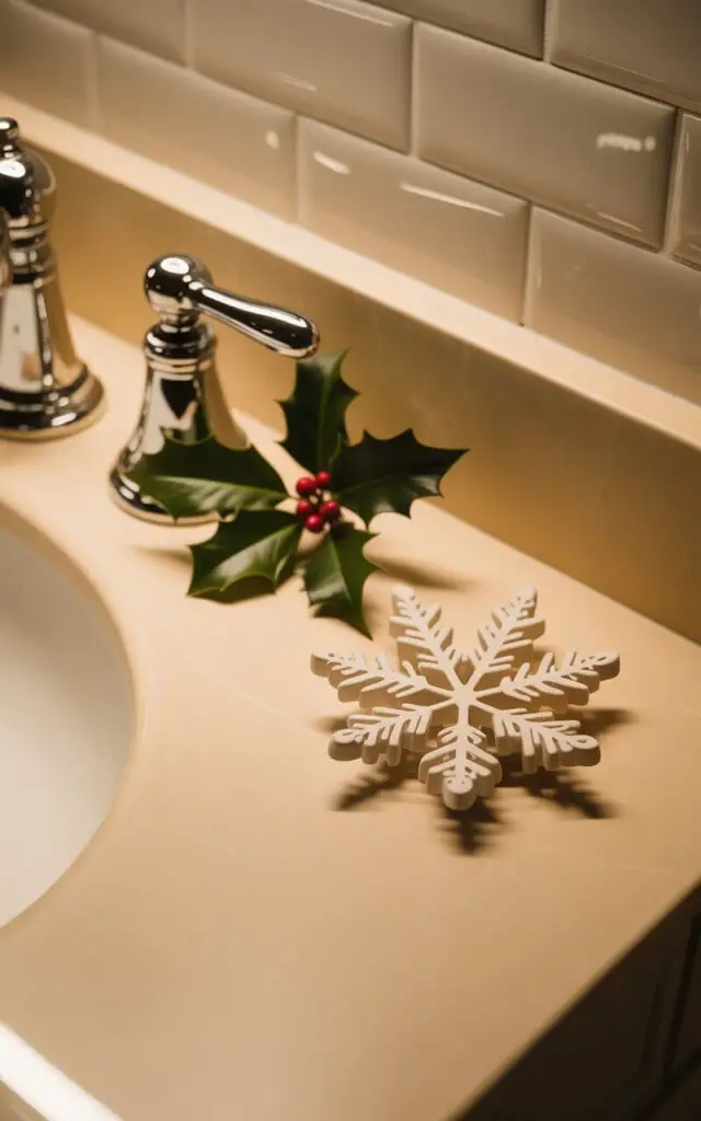 A photograph of a serene, minimalist Christmas bathroom showcasing refined holiday elegance through carefully curated details. A delicate white ceramic soap dish shaped like an intricate snowflake sits beside a polished chrome faucet on a smooth cream-colored marble countertop. A single sprig of fresh holly with deep green leaves and bright red berries provides the only pop of color, positioned thoughtfully near the basin. Warm, diffused lighting bathes the pristine white subway tiles and creates a gentle glow across the sleek surfaces, emphasizing the harmonious balance between festive charm and contemporary sophistication.