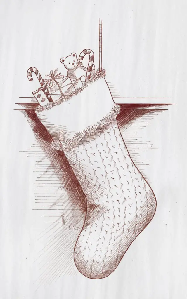 A minimalist, plain white background pencil drawing illustration of a festive Christmas stocking hanging neatly from a mantle. The knitted texture is depicted through soft, diagonal pencil hatching, while fluffy trim lines the opening. Small gifts peek out—candy canes, a toy bear, and wrapped presents—all outlined simply yet clearly. Gentle shading below the stocking suggests depth and hanging weight. A faintly sketched fireplace edge behind adds warmth and context. Drawn in a simplistic style, the artwork radiates cozy anticipation and the quiet joy of holiday surprises.