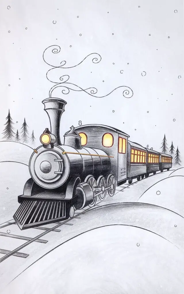 A pencil drawing illustration of a charming Christmas train chugging through snowy hills on a plain white background. The train engine has a curved front, shaded to suggest polished metal, and small puffs of steam rise in delicate swirls above. Train cars trail behind with little windows glowing softly. Snowy tracks and distant pine trees are rendered with faint, gentle lines. The overall balance of motion and stillness makes the image enchanting, drawn in a simplistic style that radiates nostalgic holiday warmth.