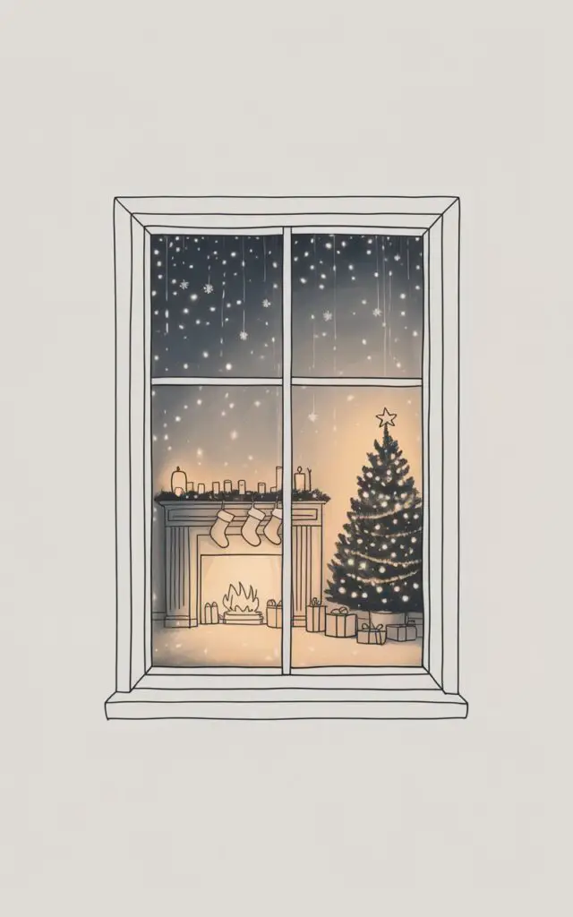 A minimalist pencil drawing illustration on a plain white background depicting a glowing Christmas Eve window scene viewed from outside. The window frame is cleanly outlined with simple, precise strokes, while faint reflections shimmer across the glass surface. Inside the warmly lit room, a twinkling Christmas tree stands beside a fireplace mantel adorned with hanging stockings and softly wrapped gifts scattered beneath. Outside the window, delicate pencil strokes suggest gently falling snowflakes drifting through the soft moonlight, creating a peaceful composition that captures the quiet anticipation and magical stillness of Christmas night.