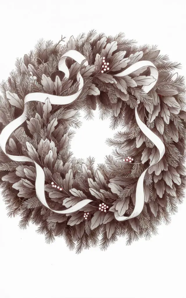 A minimalist, plain white background pencil drawing illustration of a lush Christmas wreath filled with pine needles, ribbons, and berries. Each leaf and needle is delicately outlined, forming a circular, balanced shape. The ribbon loops softly through the leaves, its folds shaded with subtle depth. Small ornaments and berries add texture through tiny, precise strokes. The center remains open and bright, emphasizing the wreath's graceful symmetry. Drawn in a simplistic style, it conveys natural beauty, festive charm, and gentle craftsmanship.