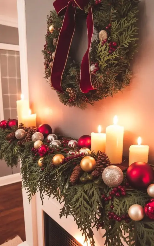 A heavily decorated mantelpiece, crafted from dark-stained wood, stretches horizontally beneath a large circular wreath. The mantel is draped with dense evergreen garland interwoven with flickering beeswax candles and a collection of glass ornaments in shades of gold, silver, and crimson. A wide velvet ribbon in a deep burgundy color adorns the wreath, which is composed of fir branches, pine cones, and scattered sprigs of holly berries. The wall behind the mantel is painted a pale gray, while a polished hardwood floor extends into the background, reflecting the warm glow of the candlelight.