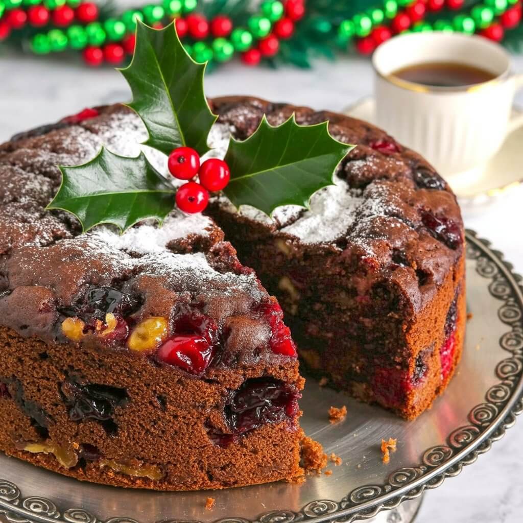 A dark brown Christmas cake with visible chunks of candied cherries, raisins, and walnuts sits centered on a vintage silver cake stand. The cake’s surface is slightly moist, and a few neat slices reveal its dense interior. A sprig of holly with bright red berries and glossy green leaves rests on top, alongside a light dusting of powdered sugar. In the blurred background, a green and red garland drapes across a countertop, and a steaming white ceramic cup sits next to the cake stand, partially obscured by the cake.