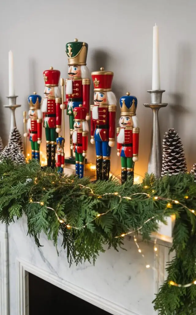 A photograph of an elegantly decorated holiday mantel featuring a collection of ornate Nutcracker soldiers arranged in ascending heights, each meticulously painted in rich crimson red, royal blue, and shimmering gold details. The wooden soldiers stand proudly against a backdrop of lush emerald pine garlands that drape gracefully across the white marble fireplace, intertwined with delicate warm white fairy lights that create a soft, enchanting glow. Flanking the Nutcrackers are understated silver candlesticks and naturally frosted pinecones, while the clean white fireplace surround provides a sophisticated contrast to the traditional holiday elements. The scene captures the perfect balance between festive nostalgia and modern minimalist design, with the golden light creating intimate shadows that enhance the cozy, refined Christmas atmosphere.