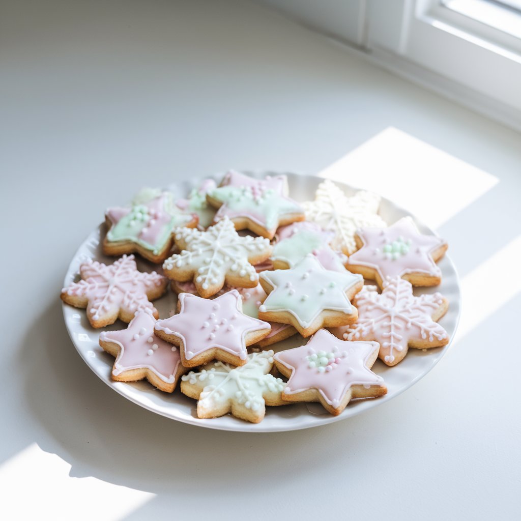 A white ceramic plate filled with classic Christmas sugar cookies in the shapes of stars, trees, and snowflakes, each beautifully frosted with pastel royal icing and delicate sprinkles. The cookies rest neatly on a bright plain white kitchen countertop, illuminated by soft natural light streaming from a nearby window. The light creates gentle reflections on the glossy icing, highlighting the crisp edges and golden undersides of the cookies.