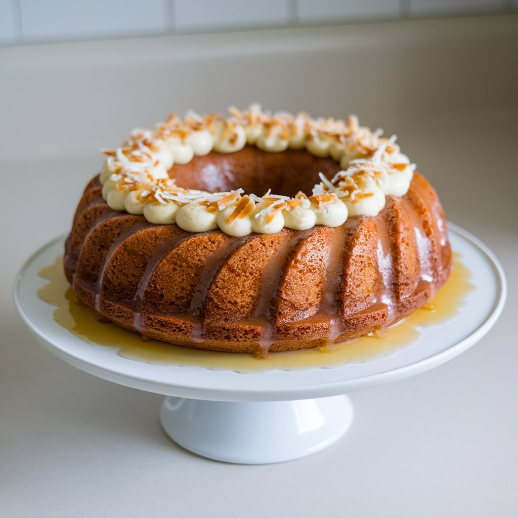 A photo of a moist coconut rum bundt cake on a white cake stand. The cake is placed on a plain white kitchen countertop. The cake's surface has a rum glaze that gives it a glossy sheen. The top of the cake is covered with a thick layer of coconut frosting, sprinkled with toasted white coconut flakes that add a golden crunch. The background is simple and clean, with only the cake stand and the countertop visible.