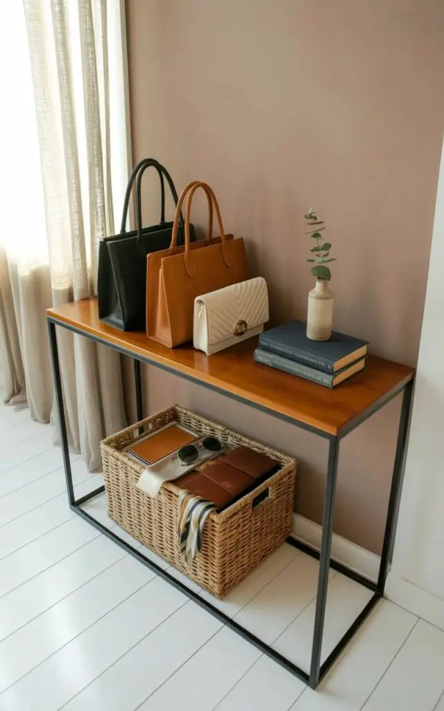 A sleek console table with a thin black metal frame and a smooth wooden top stands against a soft taupe wall. Three handbags, a structured black leather tote, a tan suede crossbody, and a quilted ivory clutch, are carefully arranged on the tabletop, each resting beside a small cylindrical vase holding a single sprig of eucalyptus and a neatly stacked set of three hardcover books with dark blue covers. Below the table, a large woven basket constructed from natural fibers holds a collection of accessories including sunglasses, a silk scarf, and a leather cardholder. The scene is illuminated by soft, diffused light filtering through sheer linen curtains partially covering a nearby window.