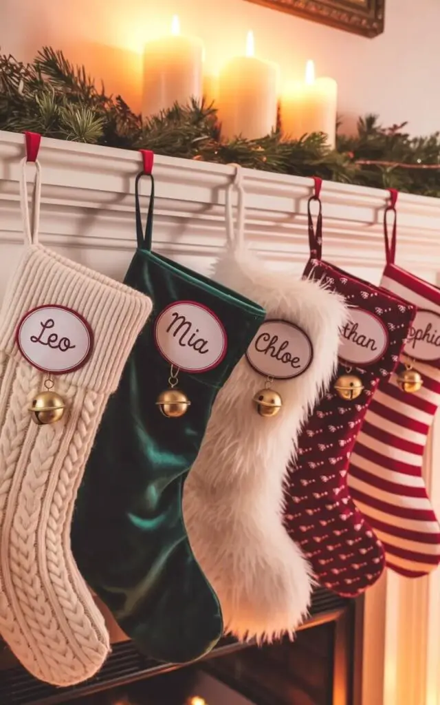 A fireplace mantel displays an assortment of five stockings suspended at varying heights from decorative hooks. The stockings are constructed from different materials: one of soft cream-colored knit, another of deep emerald green velvet, a third of fluffy white faux fur, a fourth of patterned burgundy felt, and a fifth of red and white striped flannel. Each stocking is adorned with a small, gold bell and a personalized name tag displaying the names "Leo", "Mia", "Chloe", "Ethan", and "Sophia" in a playful script font. A light dusting of pine boughs and three unlit, ivory-colored pillar candles sit on the mantel's surface behind the stockings, creating a warm and inviting atmosphere.