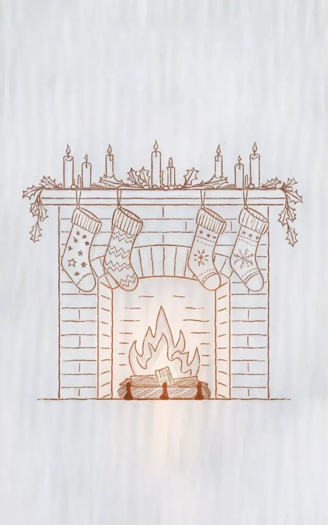 A minimalist, plain white background pencil drawing illustration of a cozy Christmas fireplace. The fireplace has a gently glowing hearth and is surrounded by hanging stockings. The flames are softly shaded, and their flickering light is reflected on the brick texture of the fireplace. Each stocking has distinct, lightly sketched patterns—stars, stripes, and snowflakes—adding subtle variety. The mantle above is delicately detailed with candles and sprigs of holly. The composition feels balanced and peaceful, drawn in a simplistic style that emphasizes warmth and comfort through gentle linework and minimal shading.