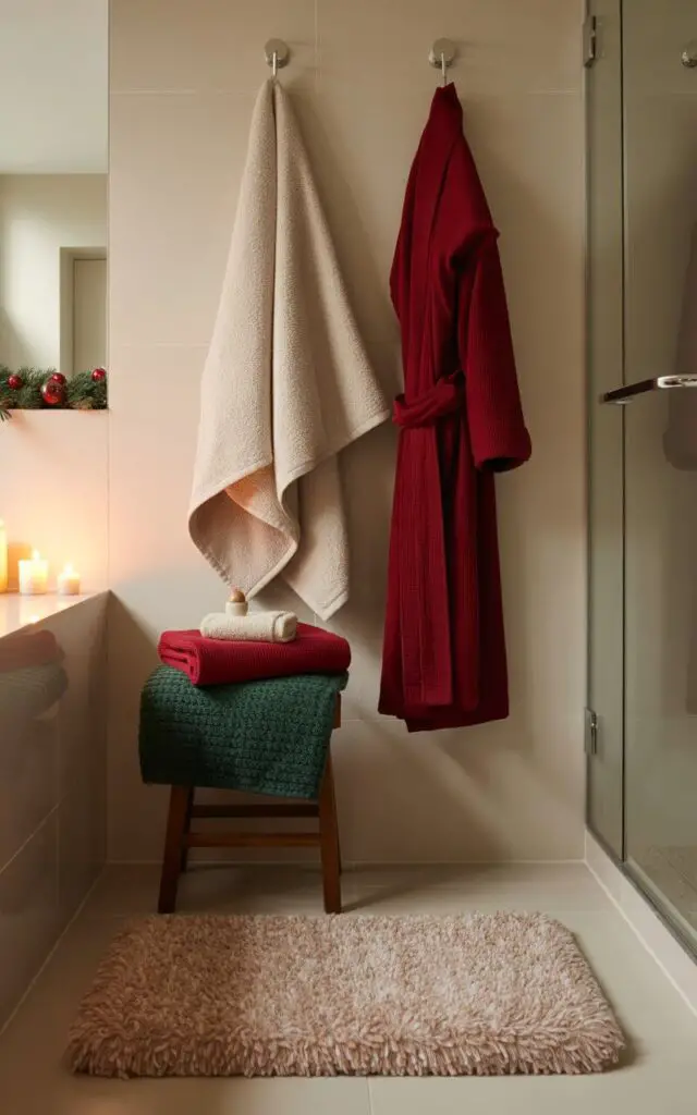 A photograph of a luxuriously decorated Christmas bathroom showcasing carefully layered textiles that create an atmosphere of serene holiday comfort. Thick, cream-colored towels hang elegantly beside a deep crimson bathrobe, while a plush textured bath mat in soft neutral tones anchors the polished tile floor. A folded emerald green throw blanket rests invitingly on a small wooden stool, adding a pop of festive color alongside the warm cream and rich red palette. The minimalist space features clean white walls, gleaming chrome fixtures, and the soft glow of flickering candles that cast gentle shadows across the luxurious textures, creating a spa-like sanctuary that embodies cozy winter elegance.