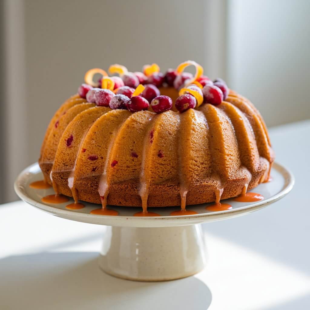 A photo of a golden Bundt cake with visible specks of cranberries. The cake is placed on a simple ceramic cake stand on a bright plain white kitchen countertop. The cake's ridges glisten under natural light, coated with a thin orange glaze that drips gently down the sides. Sugared cranberries and curls of orange zest are arranged on top for a festive flourish. The soft daylight enhances the cake's warm golden hue and the subtle sparkle of the sugar-dusted berries.