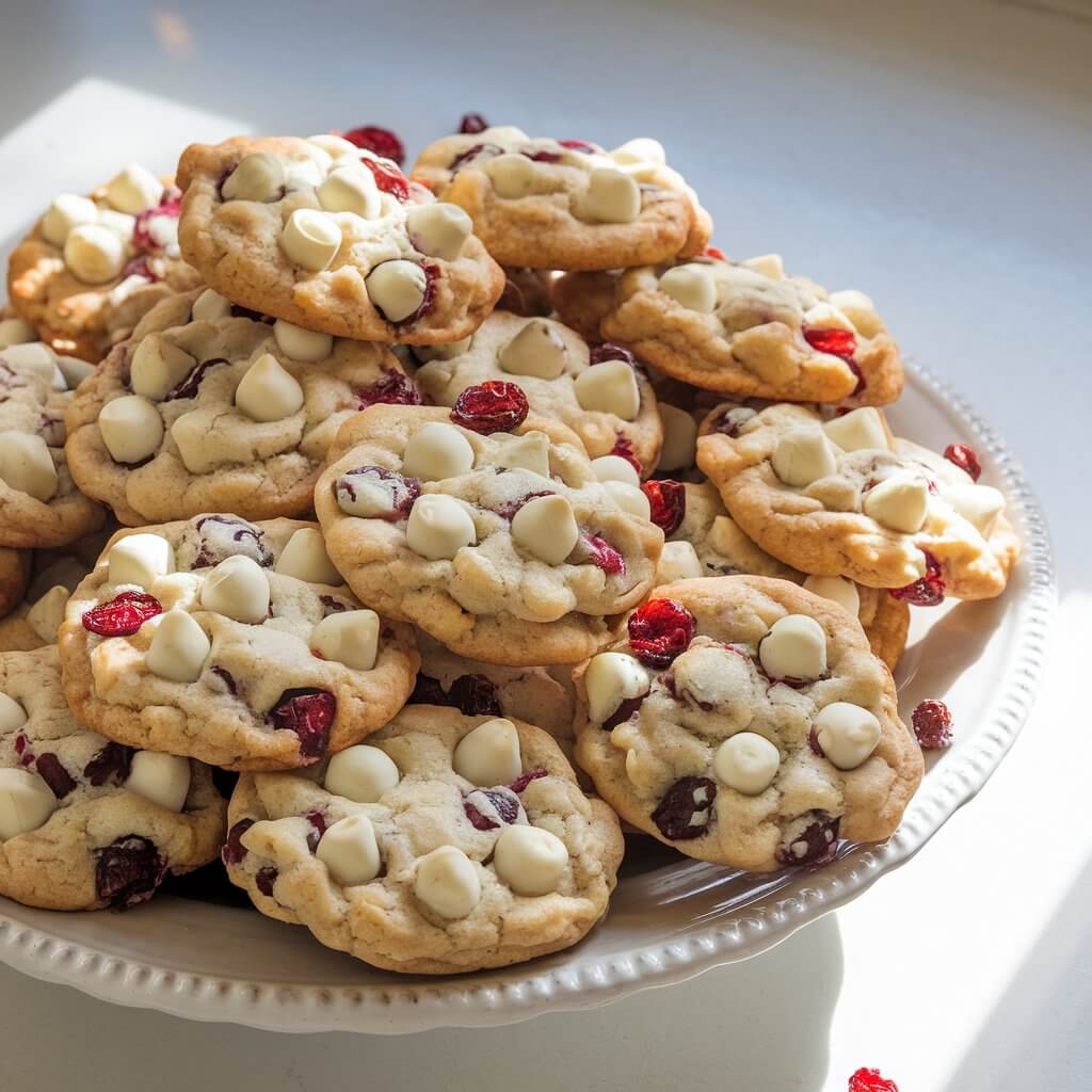 A photo of a large white ceramic plate overflowing with chewy cranberry white chocolate cookies. The cookies have golden edges and creamy white chocolate chunks, with red cranberries gleaming slightly. The plate is placed on a bright plain white kitchen countertop. There are a few scattered dried cranberries, adding a rustic touch. Sunlight highlights the uneven, homemade texture of each cookie, giving them a fresh-from-the-oven look.