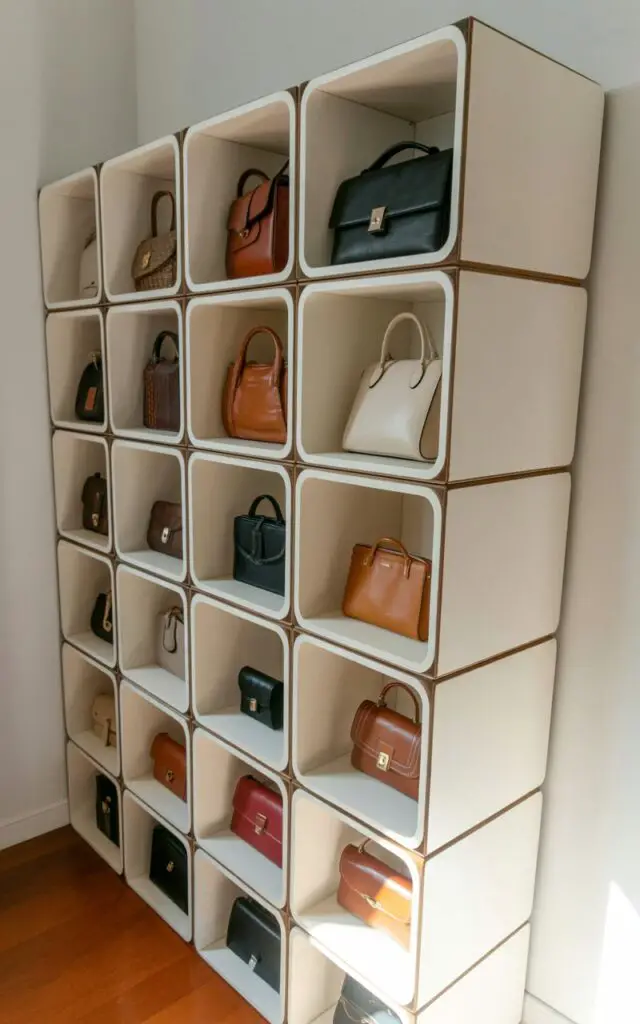 A floor-to-ceiling wall of modular, stackable white wood cubbies displays a variety of handbags, each held upright within a compartment precisely sized for its shape. Each handbag sits centered within its cubby, showcasing visible stitching and hardware details while exhibiting varying sizes, shapes, and materials like leather, canvas, and suede. Soft shadows fall across the smooth wood surface, highlighting the clean lines of the cubby structure and the symmetrical arrangement of the handbags. The wall is set against a plain, light gray background, emphasizing the geometric pattern of the cubbies and the intentional order of the handbag collection.