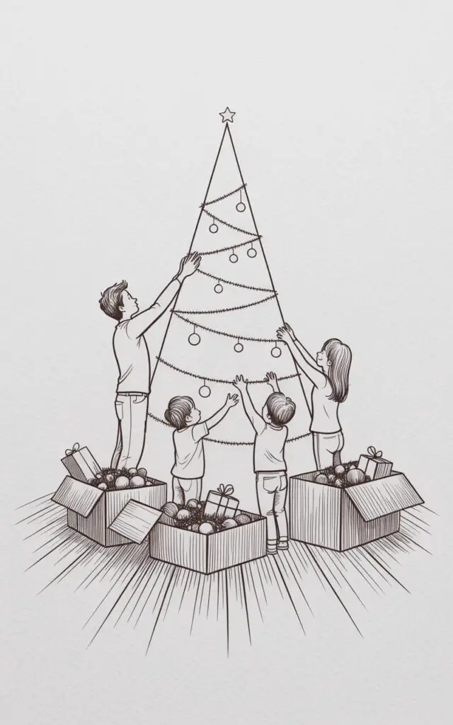 A family of four – a father, mother, and two young children, a boy and a girl – stands around a tall, triangular Christmas tree decorated with simple circular ornaments and gently draping garlands. The father reaches upward to place a star on the tree's topmost branch, while the mother holds a string of ornaments, and the children excitedly point at the decorations. Several open cardboard boxes filled with colorful baubles, tinsel, and wrapped gifts sit on the hardwood floor surrounding the tree's base. The scene takes place in a brightly lit living room with a beige carpet and a glimpse of a white-paneled wall in the background.