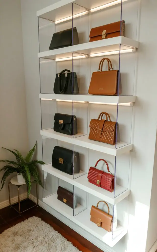 A custom shelving unit with six evenly spaced shelves showcases a collection of handbags, each positioned upright with the assistance of clear acrylic dividers. The dividers, crafted from smooth, transparent plastic, maintain the structured shape of each handbag and prevent them from leaning or collapsing. Soft, diffused light illuminates the handbags from above, highlighting their various textures and hardware details—ranging from smooth leather to quilted fabric—while the surrounding wall is painted a pale gray. The floor is covered with a plush, ivory-colored rug, and a single potted fern sits on a nearby side table, creating a serene and organized atmosphere.