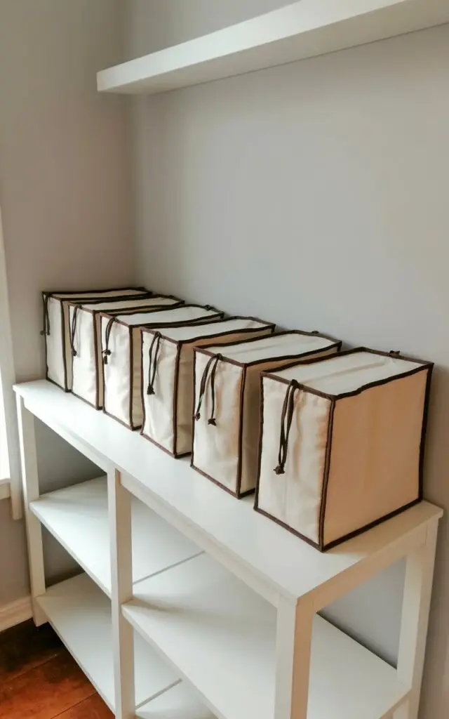 A row of six large, rectangular dust bags sit neatly aligned on a clean, white wooden shelf. Each bag is made of a soft, breathable cotton fabric and features a drawstring closure with matching fabric ties. The bags are uniformly spaced with approximately two inches of empty space between each one, creating a sense of order and intentionality. The shelf is positioned against a light gray wall in a minimalist interior, with subtle shadows indicating a soft, diffused light source.