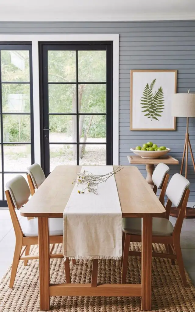 A rectangular dining table made of light-colored wood occupies the center of the room with four pale-gray dining chairs positioned around it. A cream-colored linen runner extends along the length of the table, featuring a subtle woven texture and a few scattered dried wildflowers. The walls are painted a muted dusty blue color with a smooth, matte finish and a single framed print displaying a botanical illustration of ferns hangs on one wall. A ceramic bowl filled with green apples sits on a nearby side table beside a tall, slender floor lamp with a linen shade.