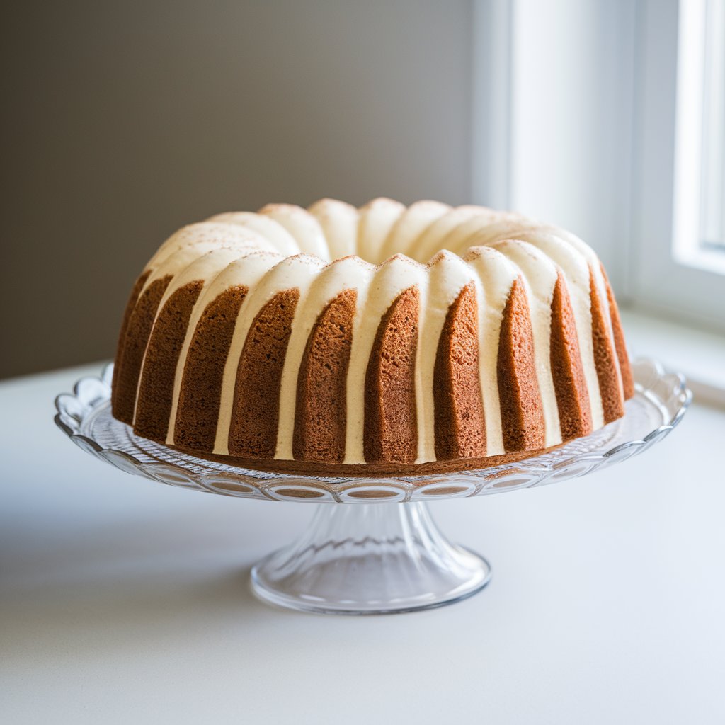 A medium shot of a tall, layered eggnog bundt cake on a glass cake stand. The cake is placed on a bright plain white kitchen countertop. The cake's cream-colored frosting is smooth and glossy, with a light sprinkle of nutmeg across the top. The layers of sponge peek slightly at the edges, hinting at a buttery interior. Gentle natural light from a side window illuminates the cake, creating a soft glow on the frosting.