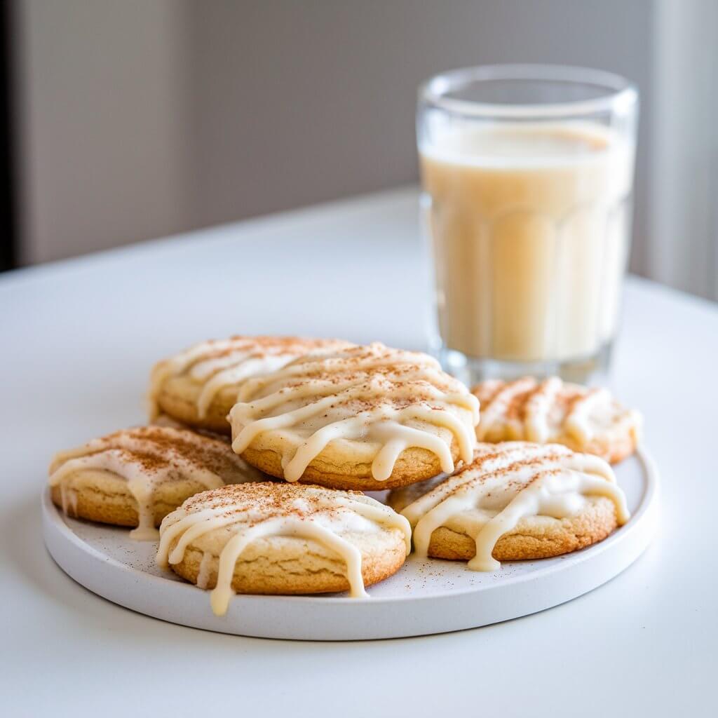 A photo of a white stoneware plate on a bright plain white kitchen countertop. There are several soft, round eggnog cookies with creamy glaze drizzles and a light dusting of nutmeg on top. The cookies’ surfaces appear slightly shiny in the natural light, showing their pillowy texture. A glass of eggnog sits blurred in the background, its golden hue echoing the cookies’ color. The light enhances the warmth of the cookies’ tones, creating an inviting holiday glow that feels cozy and homemade.