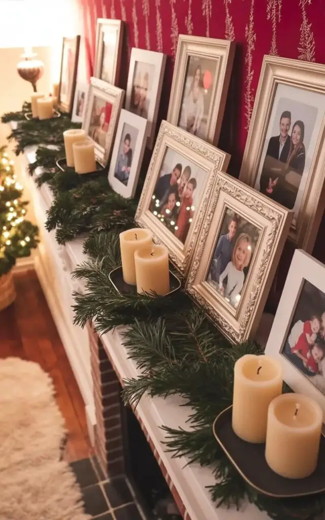 A decorated mantelpiece stretches across the wall, layered with framed photographs of varying sizes and shapes. Each photograph features a different family member or group, displayed in ornate wooden frames with subtle color variations ranging from ivory to light gray. Strands of fresh pine garlands weave between the frames, interspersed with groupings of three beeswax candles in simple glass holders. The mantel sits within a living room featuring a brick fireplace and a plush cream-colored rug on a hardwood floor, with a glimpse of a decorated Christmas tree visible in the background.