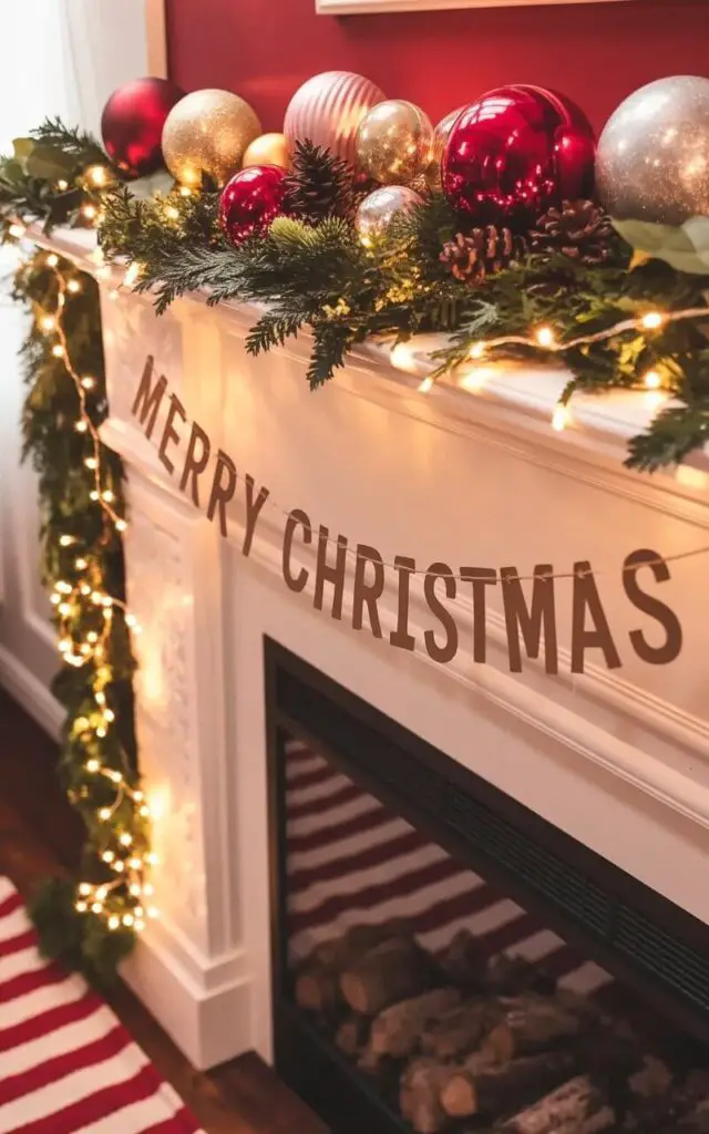 A fireplace mantel is decorated with garlands of evergreen branches interwoven with warm white string lights. A banner strung across the mantel reads “Merry Christmas” in a simple sans-serif font, hanging from delicate twine. Pinecones and sprigs of holly are scattered among the greenery, and a collection of varying sized glass ornaments in shades of red, gold, and silver sit atop the mantel. The mantel is set against a backdrop of a painted white wall with a dark hardwood floor extending into the foreground.