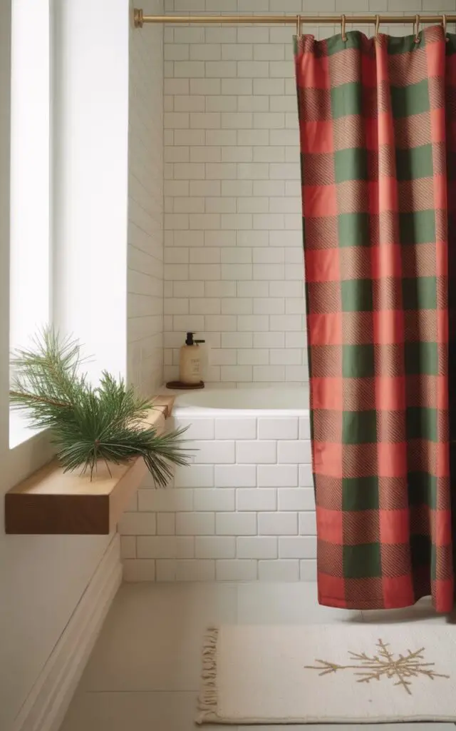 A serene minimalist bathroom photographed with soft, natural lighting that showcases understated Christmas elegance. The space features pristine white subway tiles and clean lines, with a striking red-and-green buffalo plaid shower curtain serving as the room's festive focal point, hung from gleaming gold hooks that catch the gentle light. A simple wooden floating shelf holds a few carefully arranged pine sprigs, their deep green needles providing organic texture against the neutral palette. The polished white floor is anchored by a cream-colored bath mat with delicate snowflake embroidery, while the overall composition maintains perfect balance between holiday warmth and minimalist sophistication.
