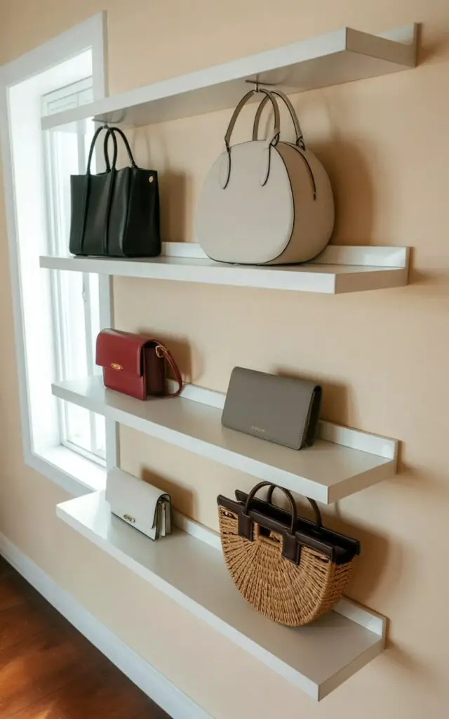 A series of five ultra-thin, matte white shelves extend horizontally across a soft beige wall, each displaying a single handbag. The handbags vary in size and shape, including a structured black leather tote, a rounded cream-colored satchel, a small burgundy crossbody bag, a sleek grey clutch, and a tan straw bag with dark brown leather handles. The shelves are spaced evenly apart, creating clean lines against the wall, and small, almost invisible brackets secure them in place. A window to the left of the shelves allows natural light to illuminate the handbags, casting subtle shadows and highlighting the textures of the leather and straw materials.