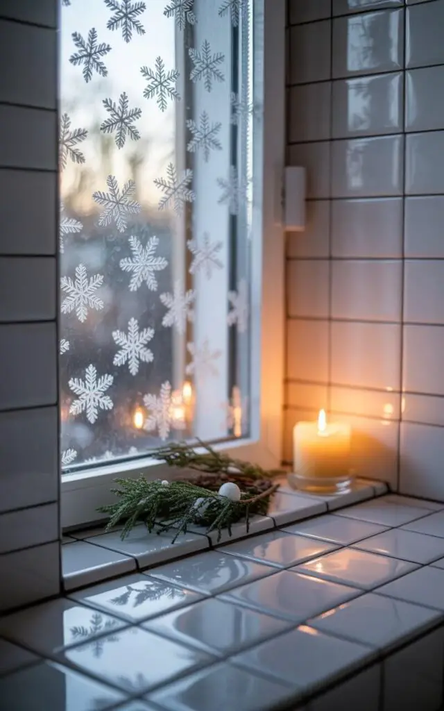 A serene, minimalist bathroom photograph capturing the essence of quiet Christmas elegance through a frosted window adorned with delicate snowflake decals. Soft winter daylight filters through the textured glass, casting ethereal silvery patterns across pristine white subway tiles and creating gentle reflections on polished surfaces. A small arrangement of fresh evergreen sprigs sits gracefully on the narrow windowsill beside a glowing vanilla candle in a simple glass holder, their warm light complementing the cool morning glow. The space embodies refined holiday tranquility with clean lines, subtle textures, and the interplay of natural light and shadow creating a peaceful winter sanctuary.