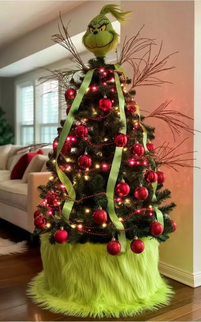 A Christmas tree stands inside a lime-green tree collar constructed from a plush, fur-like material resembling the Grinch’s fur. Shimmering red ornaments and thin green ribbons adorn the tree, complemented by sprays of foliage that extend upwards. A plush Grinch head with a mischievous expression serves as the tree topper, positioned directly above the branches. The tree sits in a corner of a living room with a hardwood floor and a partially visible beige sofa in the background.