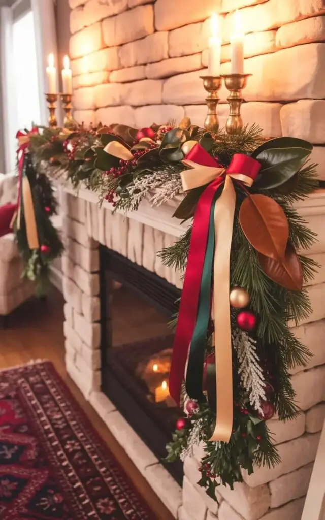 A stone fireplace extends across the wall, its mantelpiece decorated with a symmetrical garland design. Lush pine branches, magnolia leaves, and frosted branches cascade down both sides of the mantel, interspersed with red and gold ornaments and wide satin ribbons in cream and forest green. Two antique brass candlesticks with flickering white candles stand on either side of the fireplace, reflecting the warm light onto the surrounding stonework. A patterned Persian rug with deep crimson and sapphire blue hues lies on the hearth, while a glimpse of a cozy living room with plush armchairs can be seen beyond the fireplace.