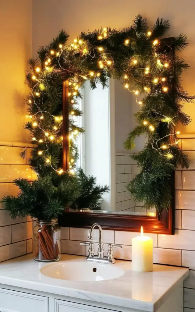 A bathroom mirror is draped with a delicate pine garland interwoven with warm white fairy lights that cast a soft glow across the room. A glass jar filled with cinnamon sticks sits alongside a single white, unscented pillar candle on the simple vanity surface. The mirror's reflection doubles the greenery of the garland, creating a sense of depth and doubling the number of fairy lights visible. Pale gray tiles cover the walls, and a silver faucet is mounted on the vanity beneath the mirror.