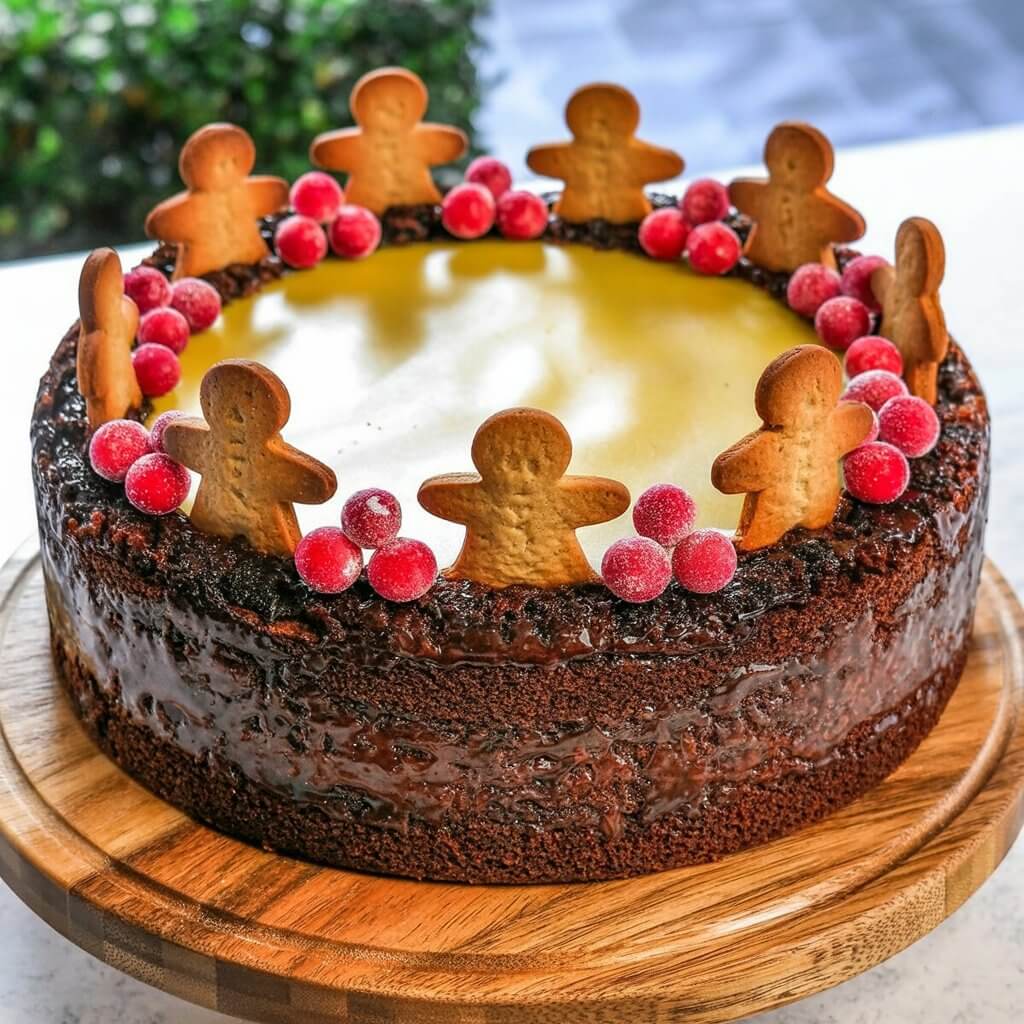 A round gingerbread cake with a dark brown crust sits centered on a circular wooden cake stand made of oak. The cake’s surface is covered in a smooth, pale yellow lemon glaze that reflects the ambient light. Tiny gingerbread men cookies, each approximately one inch tall, are arranged around the cake's edge alongside clusters of bright red sugared cranberries. The countertop beneath is a smooth, matte white surface, and a window to the left reveals a partially visible garden with green bushes and a light blue sky.