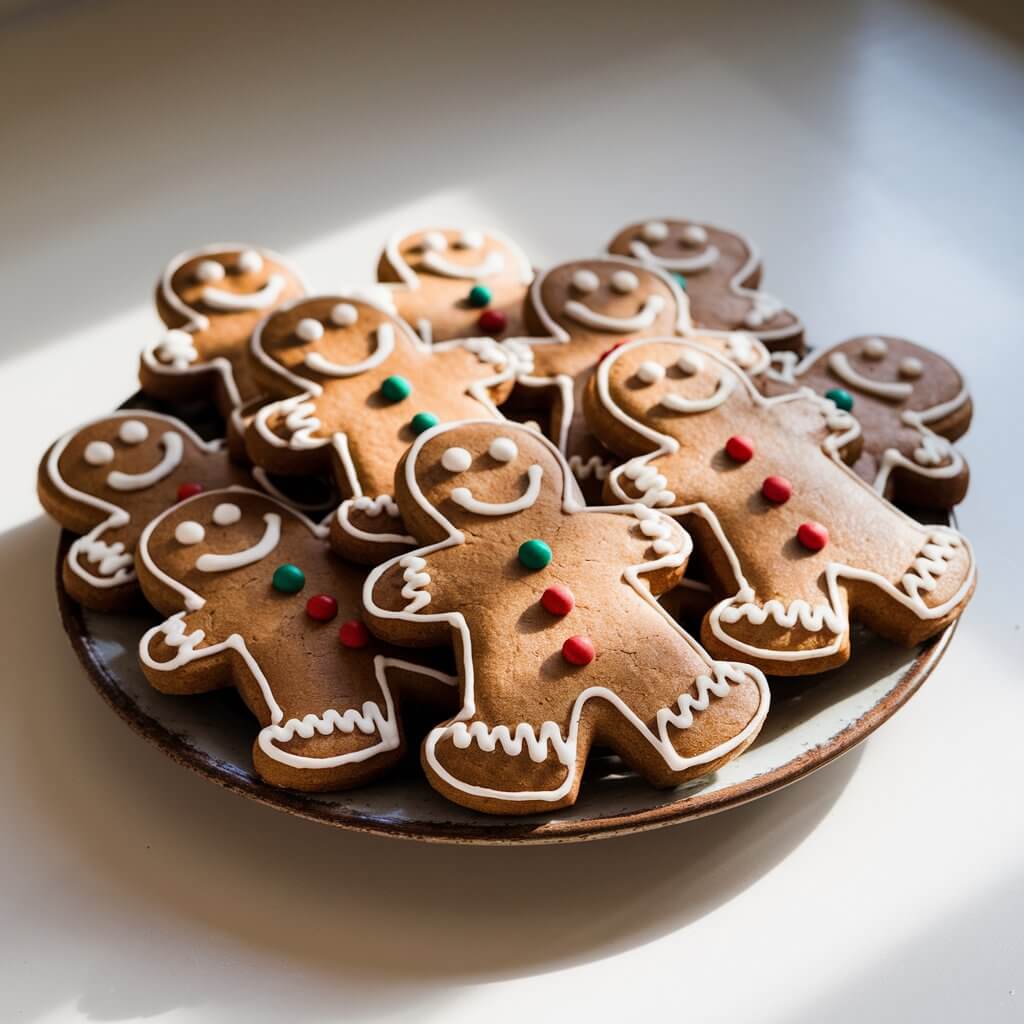 A photo of a rustic plate holding a collection of perfectly baked gingerbread men cookies. Each cookie is decorated with white icing smiles, buttons, and tiny red and green candy accents. The cookies are arranged in a casual stack on a bright plain white kitchen countertop under natural light. The sunlight emphasizes their rich brown color and the subtle crackle of baked molasses dough.