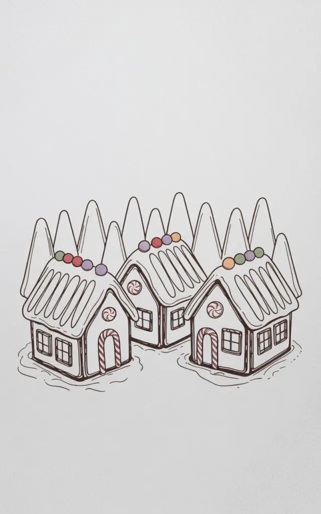 A collection of gingerbread houses forms a small village scene against a plain white background. Each house features a gabled roof decorated with colorful gumdrops, candy cane door frames, and rectangular peppermint windows outlined with neat, dark lines. Frosting covers the roofs and window frames, with looping lines suggesting a smooth texture. Small, cone-shaped trees with white frosting "snow" are arranged in neat rows behind the houses, creating a uniform backdrop for the village.