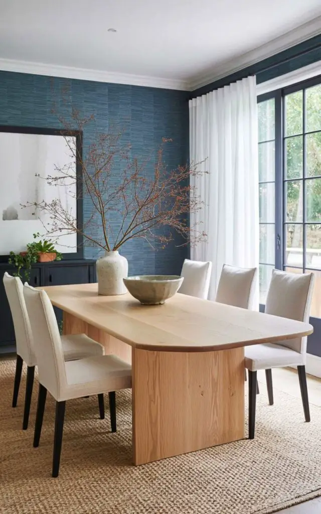 A light oak dining table stands centered within the composition, displaying a shallowly curved surface with visible wood grain. A single ceramic bowl, glazed in a matte gray finish, rests near the table's edge, accompanied by a small arrangement of dried branches with delicate leaves and bare twigs. Six linen-covered dining chairs in a soft cream color are evenly spaced around the table. The room's walls are covered in textured blue grasscloth, creating a subtle pattern of vertical ridges, and a single window with sheer white curtains is visible in the background.