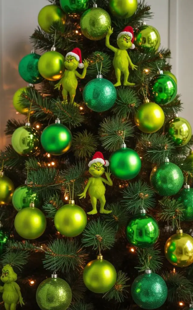 A photograph of a vibrant Christmas tree dominated by an enchanting palette of Grinch-inspired greens, from electric chartreuse to shimmering neon lime and glittered emerald ornaments. The tree features carefully curated decorations including whimsical character ornaments of Max the dog and the Grinch himself, strategically placed among the lush evergreen branches with deliberate spacing that maintains an elegant, minimalist aesthetic. Each green ornament catches and reflects light differently, creating depth and visual interest while maintaining the monochromatic color scheme. Warm, subtle lighting bathes the entire tree in a soft golden glow that amplifies the various green tones, creating a fresh, contemporary holiday display that feels both festive and dramatically modern.