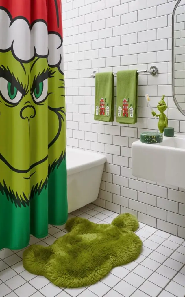 A photograph of a pristine white-tiled bathroom transformed with playful Grinch Christmas decorations in a minimalist yet festive style. The centerpiece is a vibrant shower curtain featuring an oversized, mischievous Grinch grin with bold emerald green and red colors that pop against the clean white subway tiles. A plush lime-green bath mat shaped like the Grinch's furry belly lies perfectly positioned on the floor, while hand towels embroidered with tiny red and white Whoville houses hang in precise alignment on a gleaming chrome towel rack. Near the modern white sink, a small ceramic Grinch figurine triumphantly holds a toothbrush, accompanied by artisanal green soap with gold flecks, all bathed in bright, even lighting that emphasizes the clean lines and intentional holiday charm.