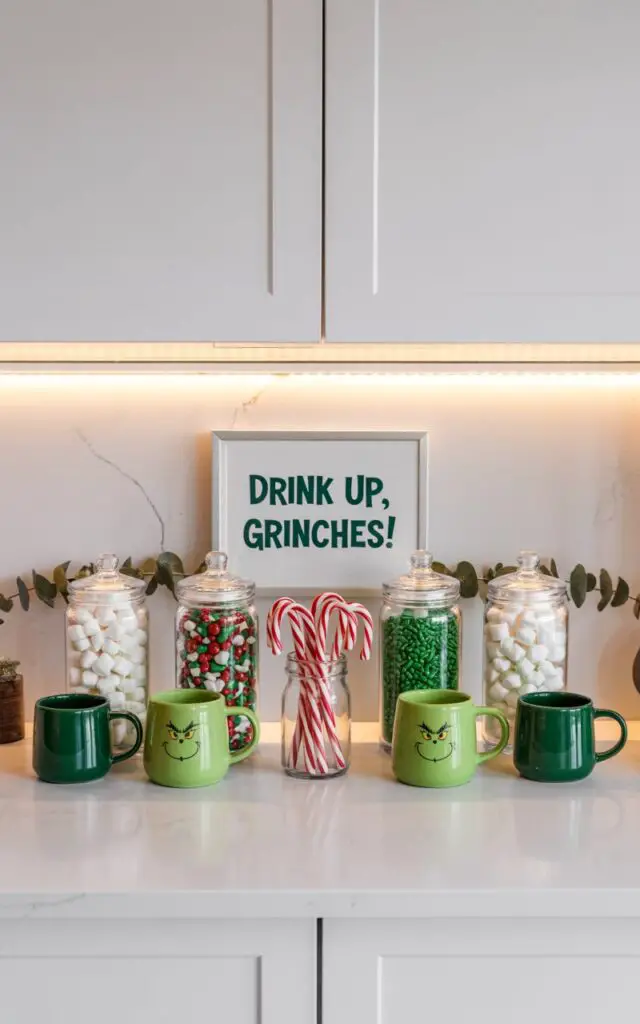 A photograph of an elegantly curated Grinch-themed Christmas cocoa station showcasing minimalist holiday design with playful touches. The pristine white countertop features a perfect grid of clear glass jars filled with fluffy marshmallows, candy canes, and emerald green sprinkles, accompanied by sleek Grinch-themed mugs in vibrant lime and forest green. A beautifully framed sign reading "Drink Up, Grinches!" serves as the focal point, positioned above the symmetrical arrangement. Soft LED under-cabinet lighting bathes the station in a warm glow, highlighting the festive colors while subtle eucalyptus sprigs add organic texture without disturbing the clean, modern aesthetic.