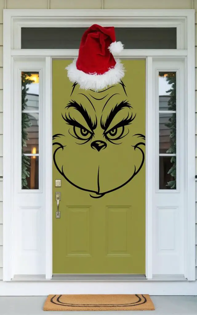 A minimalist Grinch Christmas front door transformation with bold vinyl decals of the Grinch's narrowed eyes and sly smile. A fluffy red Santa hat sits atop the doorway. The porch is clean and uncluttered, with subtle greenery framing the edges. Soft warm lighting highlights the whimsical face. The door design is simple yet carefully detailed, creating a welcoming display that is modern, artistic, and unmistakably inspired by Grinch mischief.