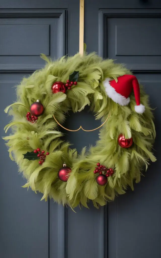 A photograph of an elegant Christmas wreath crafted from luxurious lime-green feathers hanging on a sophisticated charcoal-colored front door. The wreath features a whimsical Grinch-inspired design with a subtle curved grin at its center, adorned with carefully placed crimson red ornaments, glossy holly berries, and a miniature Santa hat perched playfully among the feathers. The fluffy, cloud-like feathers catch the soft natural daylight, creating beautiful texture and depth with shadows that dance across their surface. The minimalist composition balances festive charm with refined elegance, demonstrating how a single statement piece can elevate an entire entryway with both whimsy and sophistication.