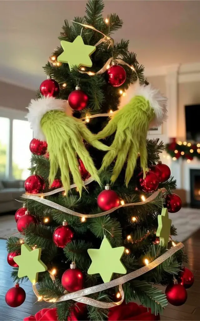 A fully decorated Christmas tree with green branches and gold tinsel features two plush, green Grinch hands emerging from between the ornaments. The hands are posed as if reaching for shiny, red baubles and lime-green star-shaped decorations that hang amongst delicate silver ribbon loops. Warm white string lights are wrapped throughout the branches, creating a soft glow and casting gentle shadows on the ornaments and Grinch hands. The tree sits on a dark wooden floor in a room with a subtly blurred background suggesting a cozy living space with a glimpse of a fireplace.