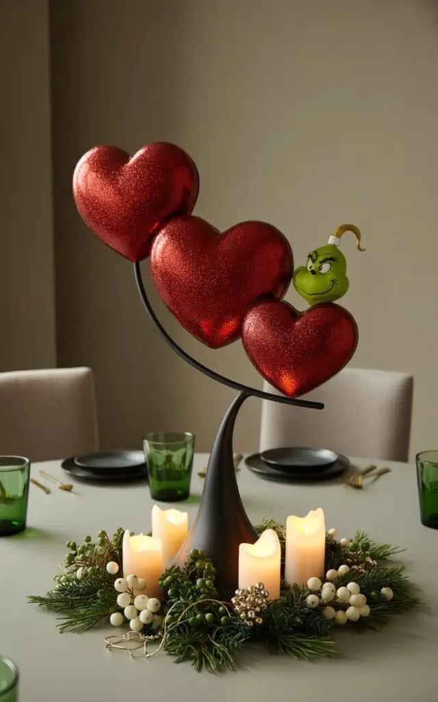 A sophisticated dining table centerpiece featuring three graduated heart sculptures in shimmering cranberry red gradients, mounted on a sleek matte-black stand that rises elegantly from the table surface. The hearts—small, medium, and large—catch the light beautifully, symbolizing the Grinch's heart transformation, while a whimsical green Grinch ornament peeks playfully from behind the largest heart. Around the base, carefully arranged sprigs of deep evergreen, clusters of pristine white berries, flickering candles in emerald green glass holders, and delicate gold wire accents create a refined ring of holiday elements. The empty dining table with its surrounding chairs provides a clean, minimalist backdrop, allowing the centerpiece to command attention in the warm, ambient lighting of the dining room.