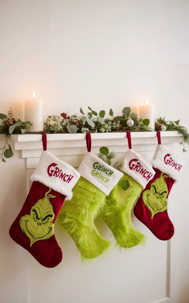 A photo of a minimalist mantel with a set of Grinch Christmas stockings. The stockings are vibrant and well-decorated, with some resembling fuzzy green Grinch feet and others displaying his sly grin. The mantel is clean and features soft greenery, two candles, and nothing more. The gentle warm lighting enhances the textures and creates a cozy holiday glow. The arrangement is playful and Grinch-inspired.