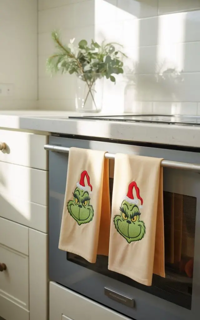 A photograph of two festive Grinch Christmas towels hanging elegantly on a sleek white cabinet door in a bright, minimalist kitchen. The towels feature beautifully embroidered Grinch faces with his signature mischievous smirk rendered in fine, precise stitching, the rich green and red threads contrasting against the soft cream-colored cotton fabric. The textured towels drape naturally from the polished chrome oven handle, casting gentle shadows that add depth and dimension to the clean white cabinetry. A simple glass vase filled with fresh winter greenery sits nearby on the pristine countertop, providing a subtle touch of seasonal charm while maintaining the kitchen's sophisticated, uncluttered aesthetic bathed in warm natural light.