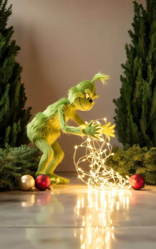 A whimsical Christmas display featuring a plush Grinch figure caught mid-mischief as he attempts to steal a cascade of warm white LED lights. The fuzzy green character crouches in a dynamic pose, his arms wrapped around a tangle of glowing string lights that spill dramatically across a pristine concrete walkway, creating pools of soft golden light. The scene is elegantly minimalist with just a few carefully placed red and gold ornaments scattered nearby, complemented by neatly trimmed evergreen shrubs that frame the composition. The clean, simple background emphasizes the playful chaos of the moment, while the warm lighting creates enchanting reflections on the smooth surface below.