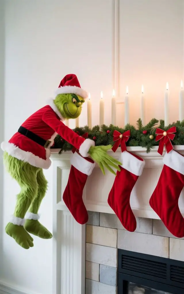 A plush Grinch figure, wearing a red Santa Claus suit with white trim, stretches over the edge of a fireplace mantel as if reaching for stockings. The Grinch's vibrant green fur is visible against a backdrop of white tapered candles arranged evenly along the mantelpiece. Neatly draped evergreen garland extends across the mantel, interspersed with simple red bows and metallic gold accents. The fireplace surround is constructed of light gray stone with clean lines, illuminated by soft, warm lighting that highlights the scene.